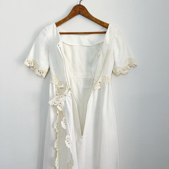 Vintage 60s Linen Wedding Dress Murray Hamburger ILGWU Lace Trim Gown Train 2 - Picture 13 of 16